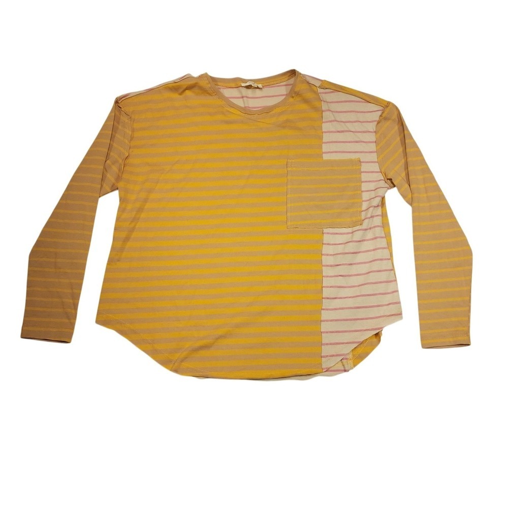 Easel Shirt Womens Small Yellow Striped Jersey Long Sleeve Pocket Cotton